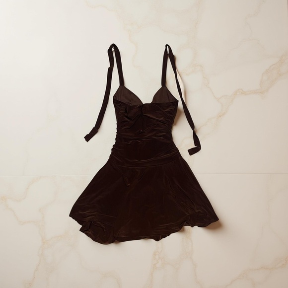 Windsor Dresses & Skirts - Windsor Velvet Mini Dress | Brown Bow Strap Fit & Flare